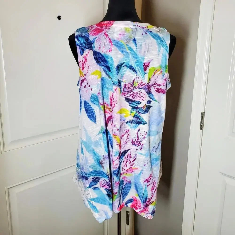 Time and Tru Floral Tie-Dye Rhinestone V-Neck Lacey Tank Women's Size Large